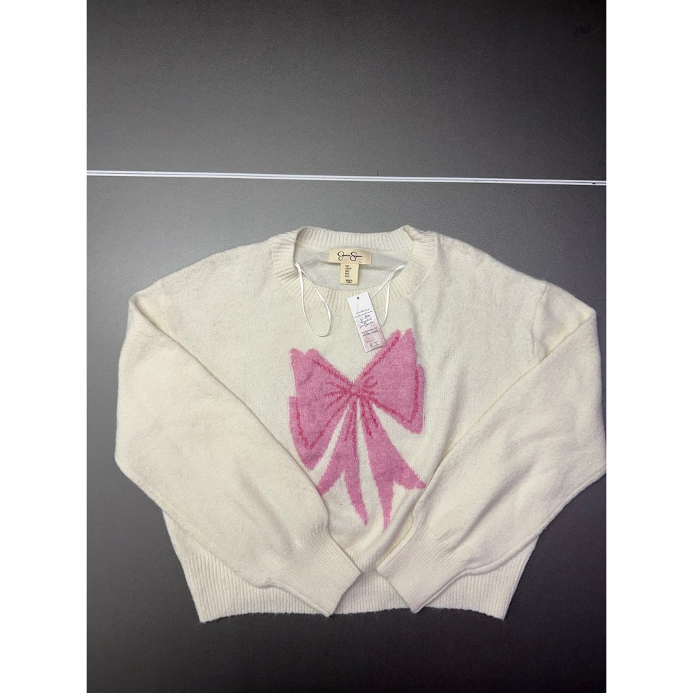 Jessica Simpson Women Pink Bow coquette girl Sweater Ivory Cream Small NWT - Picture 7 of 8